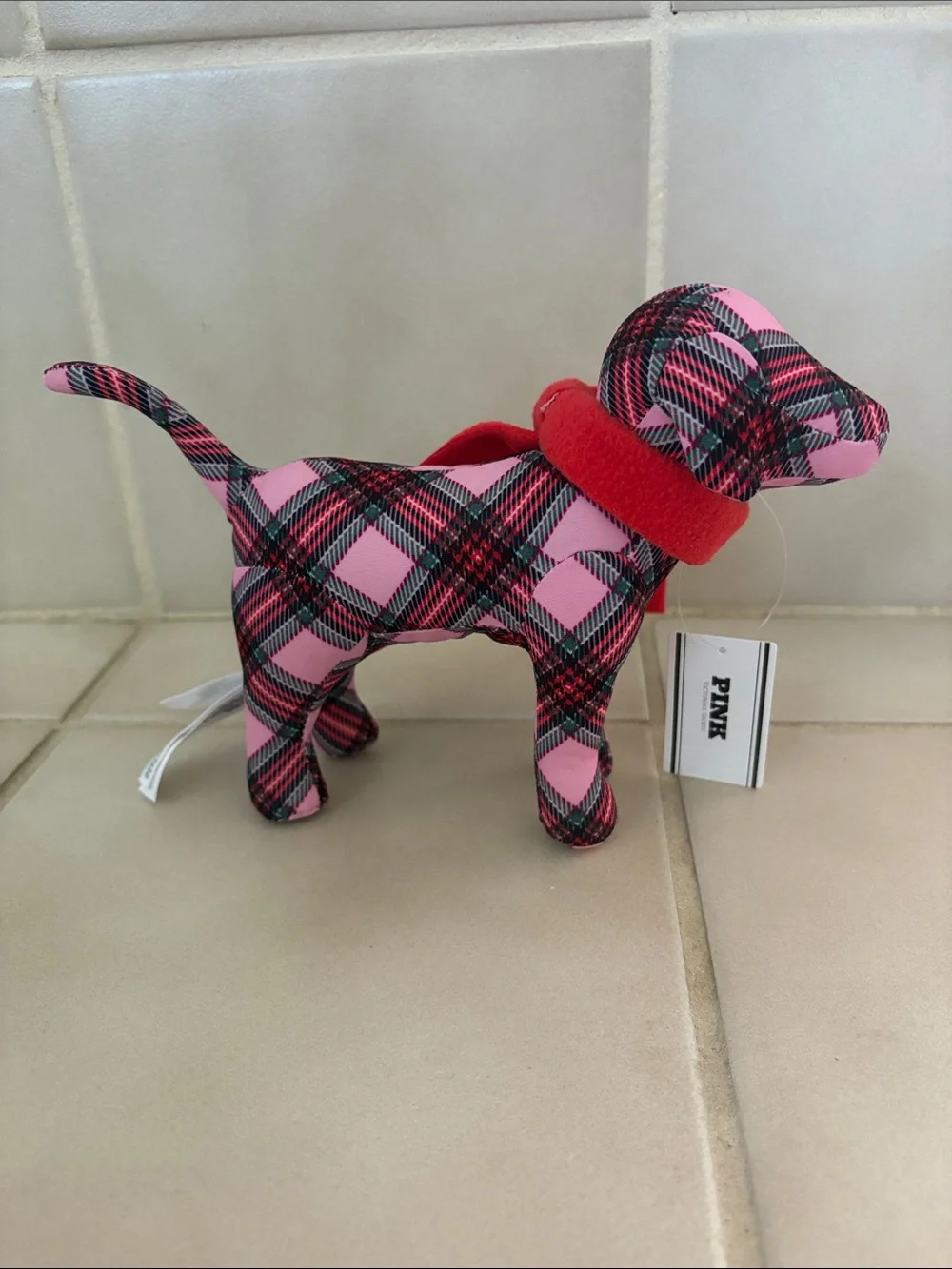 PINK Victoria's Secret Pink & Black Plaid Plush Dog with Red Scarf